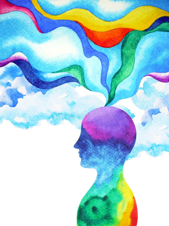 人头，chakra力量，启发摘要认为在您的头脑，水彩绘画里面 库存例证
